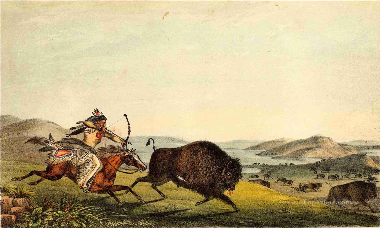 アメリカ西部のバッファローを狩る油絵
